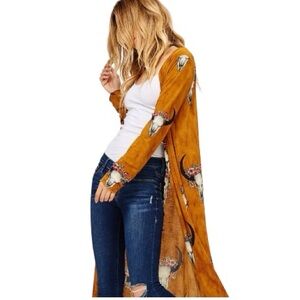 Moa Moa Women’s Lightweight Long Western Mustard Duster-with Bull Heads S